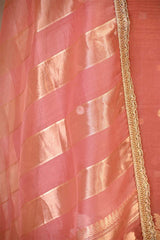 Peach Organza Silk Suit Set with Gold & Silver Zari Floral Buti