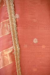 Peach Organza Silk Suit Set with Gold & Silver Zari Floral Buti