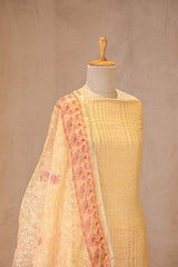 Light Yellow Chanderi Silk Suit Set with Gold Zari Stripes & Chikankari Dupatta