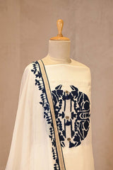 White Cotton Kurta Set with Navy Blue Applique Motif