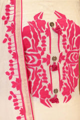 White Cotton Kurta Set with Pink Applique Motif