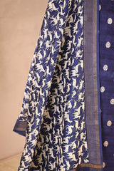 Navy Blue Chanderi Silk Suit Set with Watergold Zari Floral Buti & Shikargah Dupatta