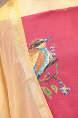 Rose Pink Kurta Set with Bird Motif Applique