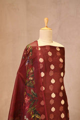 Cocoa Brown Organza Silk Suit Set with Gold Zari Woven Buta & Digital Printed Dupatta