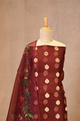 Cocoa Brown Organza Silk Suit Set with Gold Zari Woven Buta & Digital Printed Dupatta