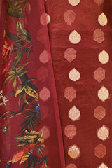 Cocoa Brown Organza Silk Suit Set with Gold Zari Woven Buta & Digital Printed Dupatta