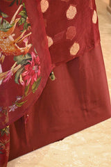 Cocoa Brown Organza Silk Suit Set with Gold Zari Woven Buta & Digital Printed Dupatta