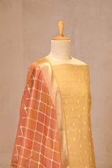 Sand Beige Chanderi Silk Suit Set with Gold Zari Floral Kurta & Shaded Dupatta