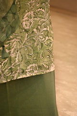 Green Mulmul Cotton Unstitched Suit Set with Floral Kurta & Shaded Dupatta