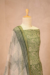 Green Mulmul Cotton Unstitched Suit Set with Floral Kurta & Shaded Dupatta