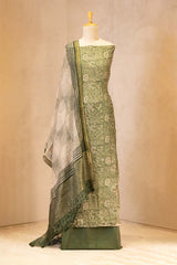 Green Mulmul Cotton Unstitched Suit Set with Floral Kurta & Shaded Dupatta