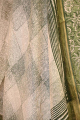 Green Mulmul Cotton Unstitched Suit Set with Floral Kurta & Shaded Dupatta