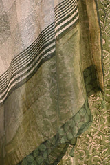 Green Mulmul Cotton Unstitched Suit Set with Floral Kurta & Shaded Dupatta