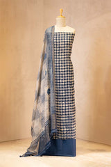 Blue Mulmul Cotton Unstitched Suit Set with Polka Dot Kurta & Shaded Dupatta