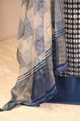 Blue Mulmul Cotton Unstitched Suit Set with Polka Dot Kurta & Shaded Dupatta