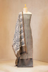 Grey Mulmul Cotton Unstitched Suit Set with Striped Kurta & Floral Dupatta