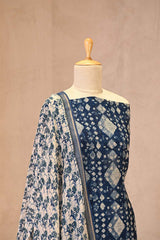 Indigo Mulmul Cotton Suit Set with Geometric Diamond & Polkadot Print
