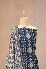 Indigo Mulmul Cotton Suit Set with Geometric Diamond & Polkadot Print