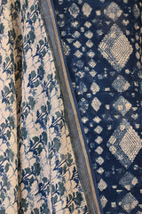 Indigo Mulmul Cotton Suit Set with Geometric Diamond & Polkadot Print