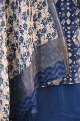 Indigo Mulmul Cotton Suit Set with Geometric Diamond & Polkadot Print