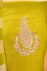 Chartuese Green Organza Silk Salwar Suit Set with Aari Handwork