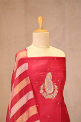 Red Organza Silk Salwar Suit Set with Aari Handwork