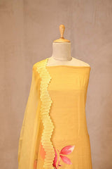 Deep Yellow Mulmul Cotton Suit Set with Floral Hem Kurta & Organza Dupatta