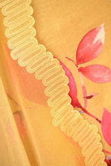 Deep Yellow Mulmul Cotton Suit Set with Floral Hem Kurta & Organza Dupatta