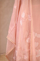 Peach Mulmul CottonSuit Set with Hibiscus Applique Kurta