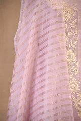Lilac Mulmul Cotton Unstitched Suit Set with Embroidered Yoke & Zari Striped Dupatta