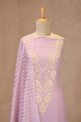 Lilac Mulmul Cotton Unstitched Suit Set with Embroidered Yoke & Zari Striped Dupatta