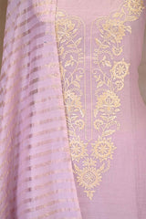 Lilac Mulmul Cotton Unstitched Suit Set with Embroidered Yoke & Zari Striped Dupatta