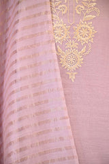 Lilac Mulmul Cotton Unstitched Suit Set with Embroidered Yoke & Zari Striped Dupatta