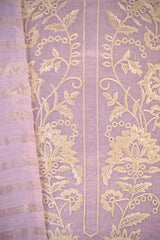 Lilac Mulmul Cotton Unstitched Suit Set with Embroidered Yoke & Zari Striped Dupatta