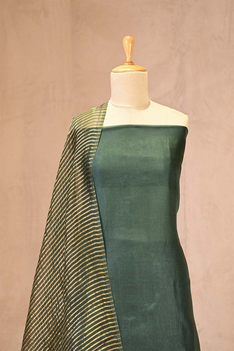 jute silk dress material Bhagalpuri Jute Silk Cotton Suit Set With Shaded Dupatta & Kameez-Gree
