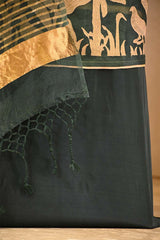 Bottle Green Organza Silk Suit Set with Flora & Fauna Applique Kurta