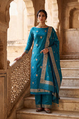 Peacock Blue Handloom Katan Silk Suit Set with Gold Zari Buta