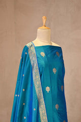 Peacock Blue Handloom Katan Silk Suit Set with Gold Zari Buta