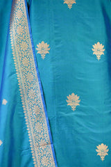 Peacock Blue Handloom Katan Silk Suit Set with Gold Zari Buta