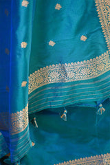 Peacock Blue Handloom Katan Silk Suit Set with Gold Zari Buta