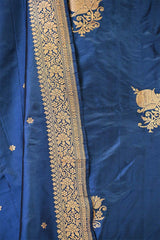 Cobalt Blue Katan Silk Unstitched Suit Set with Gold Zari Floral Buta Kurta & Dupatta