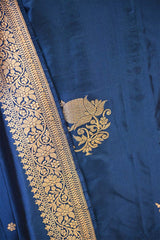 Cobalt Blue Katan Silk Unstitched Suit Set with Gold Zari Floral Buta Kurta & Dupatta