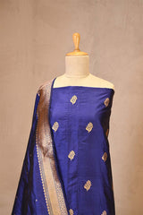 Ink Blue Handloom Katan Silk Suit Set with Gold Zari Buta & Matching Dupatta