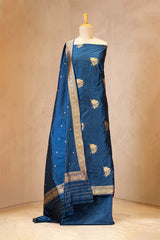 Cobalt Blue Katan Silk Unstitched Suit Set with Gold Zari Floral Buta Kurta & Dupatta