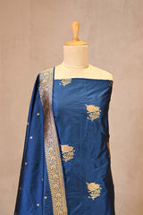 Cobalt Blue Katan Silk Unstitched Suit Set with Gold Zari Floral Buta Kurta & Dupatta
