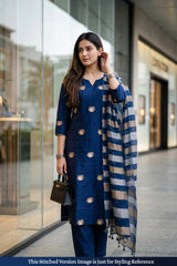 Navy Blue Dupion Silk Salwar Suit with Tiger Motifs and Organza Dupatta