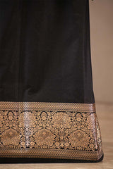 Black Banarasi Katan Silk Suit Set with Floral Gold Zari Weaving