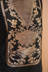 Black Banarasi Katan Silk Suit Set with Floral Gold Zari Weaving