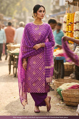 Women wearing Raw Mango Suit Set in Indian Phool Mandi, Banarasi Dress Material for Women