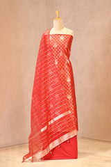 Red raw mango silk suit with zari jaal work and organza dupatta